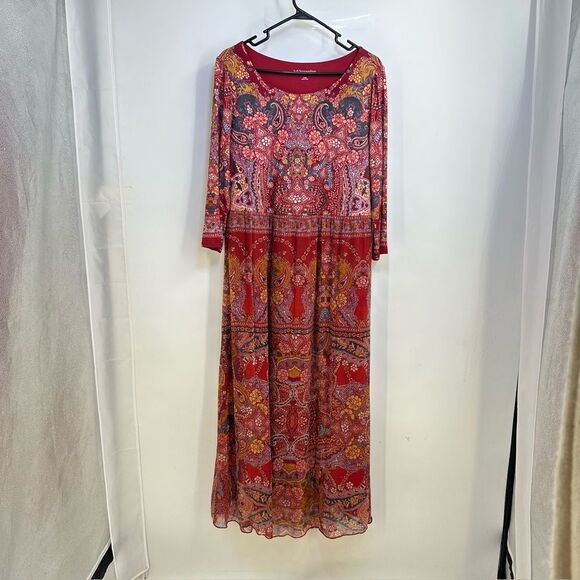Soft Surroundings Red Multicolor Floral Print 3/4 Length Sleeve Scoop Neck Maxi - Picture 1 of 10